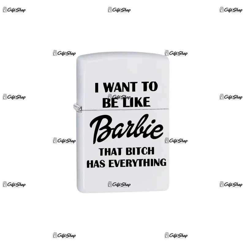 I want to be like barbie, bricheta metalica gravata laser cu mesaj